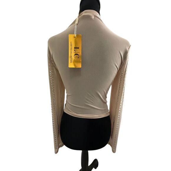 Lizette Collection Beige Long Sleeve Top with Silver Studded Details - Picture 2 of 4